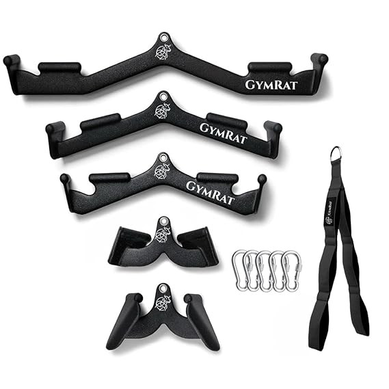 GYMRAT™ Premium LAT Pulldown Attachments with Tricep Rope, Cable Machine Attachment, Cable Attachments for Gym, Tricep Bar, Curl Bar, T Bar Row Attachment, LAT Pull Down Bar.