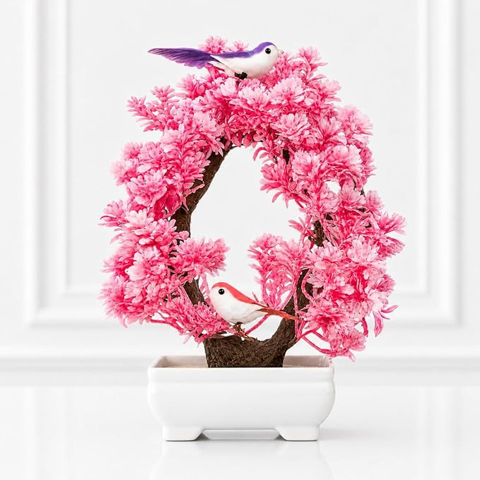 Artificial Bonsai Tree with Bird Figurines Decorative Faux Plant in Pot for Indoor Table Desk Display Mini Tree for Home Bedroom Living Room Shelf Decor Pink