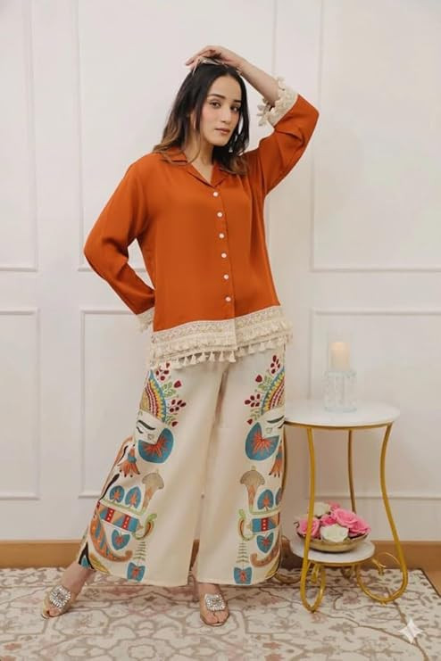 Co Ord Set for Women Stylish Card Set Dress for Women Trendy Top with Plazo Pant Ladies Coord Outfit Modern Wear for Travel Office Casual Look Premium Two Piece Clothing Style