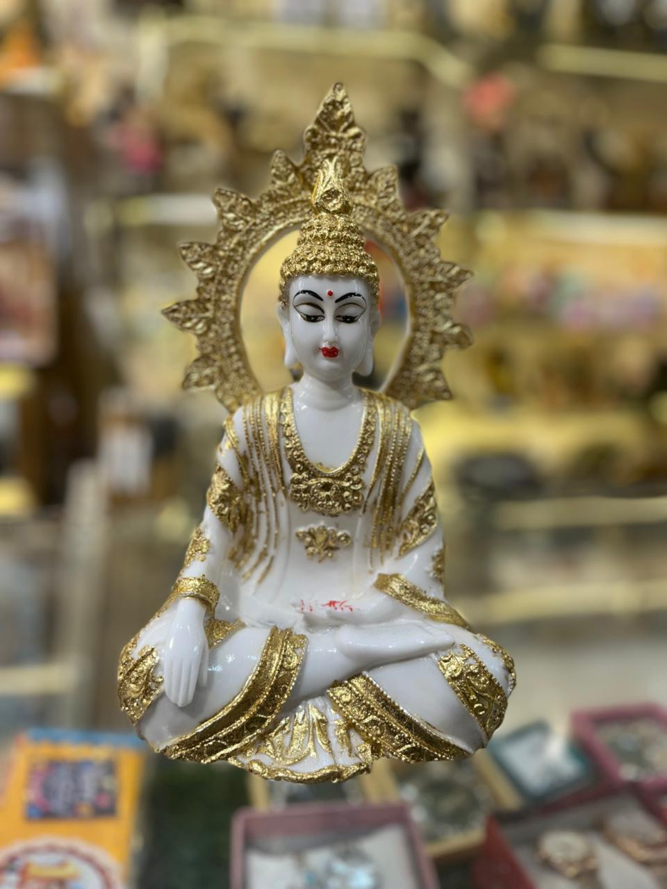 White & Gold Meditating Buddha Statue with Halo – Resin Showpiece for Home Decor