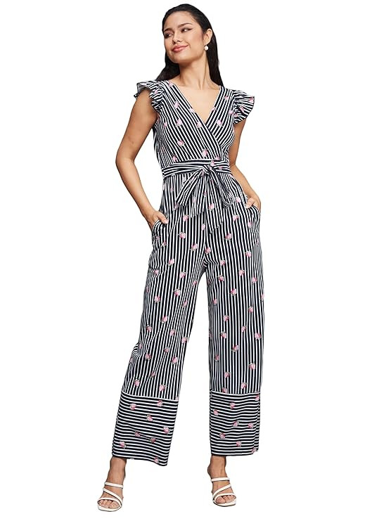 Miss Chase Women's V-Neck Cap Sleeve Striped Waist Tie-Up Pure Cotton Regular Length Jumpsuit with Pockets