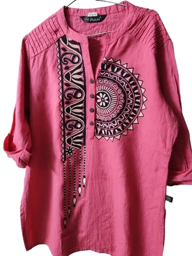 Pink Hand Painted Ladies Cotton Kurtis