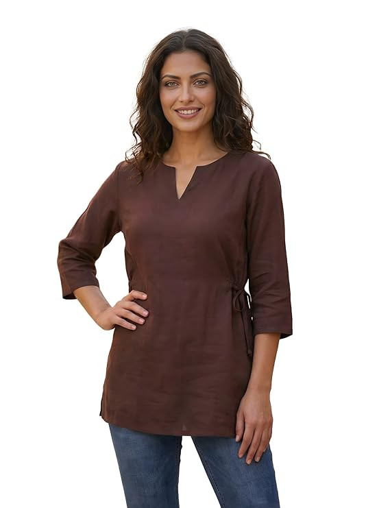 Folkiss Women's Pure Cotton Angrakha Style Short Kurti, V-Neck Solid Tunic Top with Side Tie-Up Adjustable Waist, Office Wear