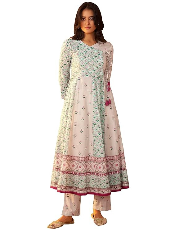 Arangya Women's Printed Anarkali Angrakha Kurta Set with Tassel Tie-Up & Ethnic Straight Pant Set