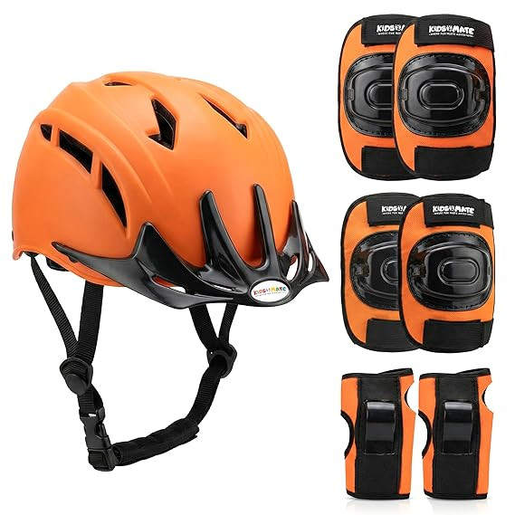 Kidsmate Sports Protective Gear Set for Boys & Girls | Kids Safety Guard Contains Helmet, Knee Pads, Elbow Pads & Wrist Guards | Ages 3-14 Years, Ideal for Cycling, Skateboarding & Scooters (Orange)