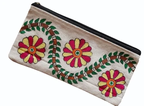 White Hand Painted Cotton Pouch Bags