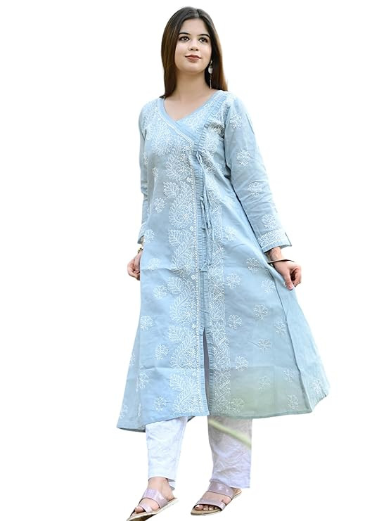 Chikankari Kurta for Women and Girls, Lucknowi Angrakha Chikan Kurti for Ethnic & Traditional Occassion, Elegant Embroidered Cotton Kurti for Formal & Office Use