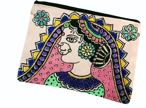 Blue Hand Painted Cotton Pouch Bags