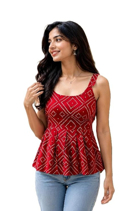 Women's Bandhani Print Peplum Kurti Top, Red, Sleeveless, Round Neck, Tunic Style