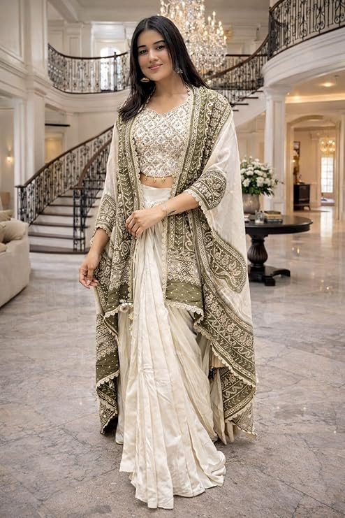 Women's And Girls Indowestern three piece set with embroidery Chinon Silk Fabric Dhoti Blouse Shrug Traditional Indian Ethnic Wear, Wedding Festive Occasion