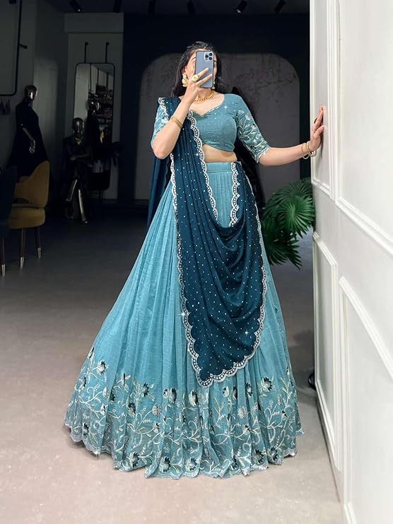 Suppar Sleave Women's Chinnon Silk Embroidered Semi Stitched Lehenga Choli With Dupatta