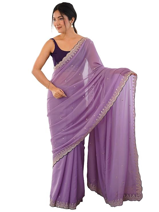 AKHILAM Women's Georgette Scalloped Border Sequins Embroidered Saree With Unstitched Blouse |Georgette Saree|Georgette Saree for Woman (AARYAN22202_KR_Parent)