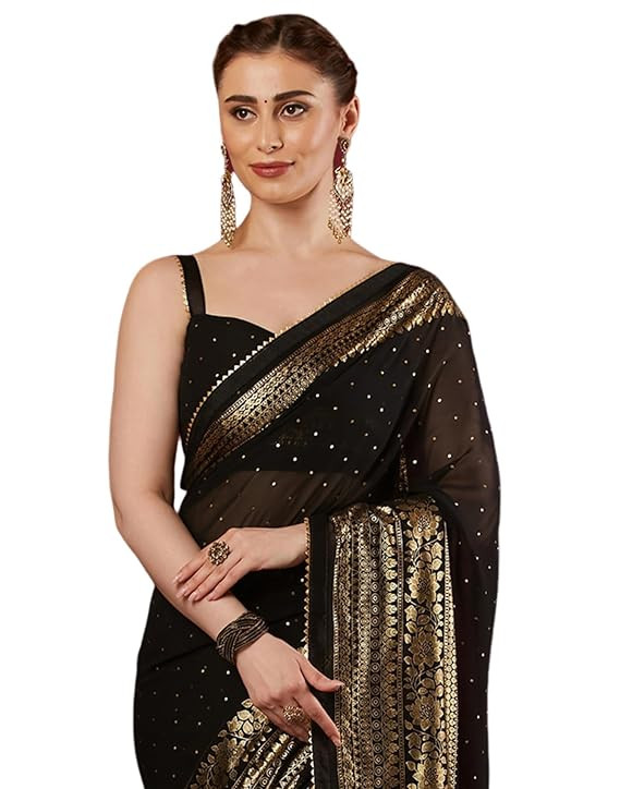 SIRIL Women's Georgette Foil Printed Saree with Unstitched Blouse Piece