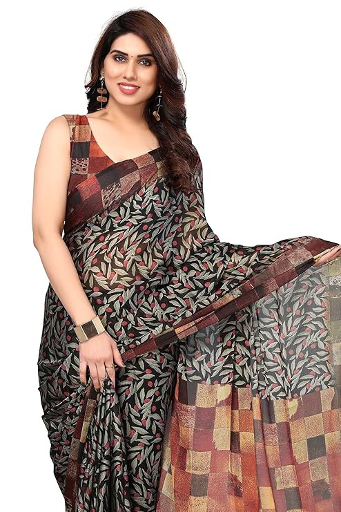 MIRCHI FASHION Women Saree | Chiffon Leaf and Checked Print Professional Office Sari with Blouse