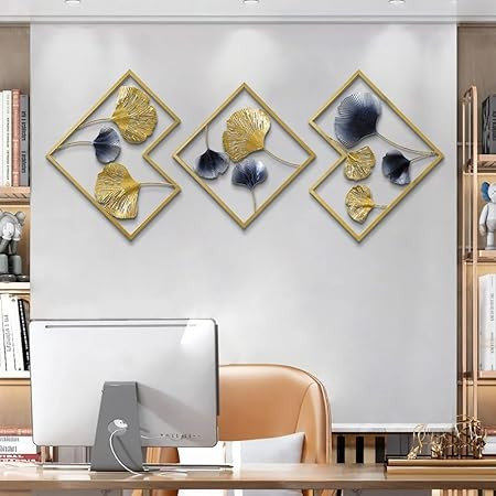 Kalam & Sons - Modern Botanical Metal Wall Art Set, 3-Piece Gold Frame with Blue and Grey Leaves, Contemporary Home Decor set of 3 wall decor
