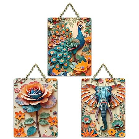 Artvibes Nature Harmony Artistic Elephant Floral Peacock & Rose Designer Wooden Wall Hanger for Home Decor | Wall Accent | Sceneries | Wall Poster | Graphic Artwork | Gift Items (WH_9639N), Set of 3