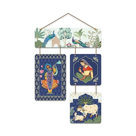 Artvibes Peacock, Woman & Cow Theme Pichwai Art Decorative Wall Art MDF Wooden Wall Hanger for Living Room | Wall Accent | Sceneries | Wall Art Print | Graphic Artwork | Unique Gift Items (WH_6529N)