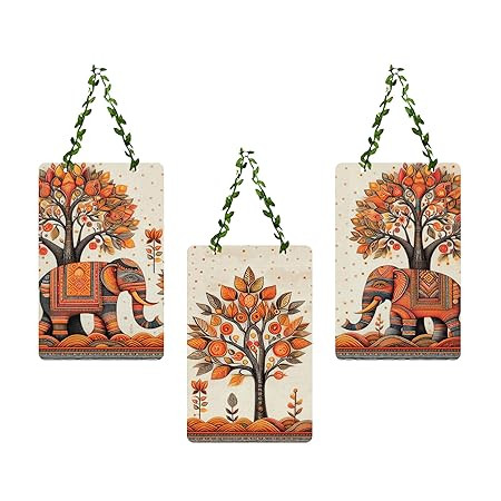 Decor Smart Wooden Wall Hanging Set of 3 | Artistic Elephant & Tree Design | Ethnic Orange & Beige Decorative Panels for Living Room Bedroom & Home Decor | Decorative Decorational item (DWA_96186)