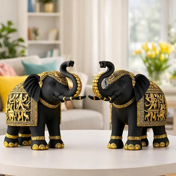Decorative Elephant Showpiece Figurines, Black and Gold, Set of 2, Home Decor Statue with Traditional Design SIZE-23X9X20 CM