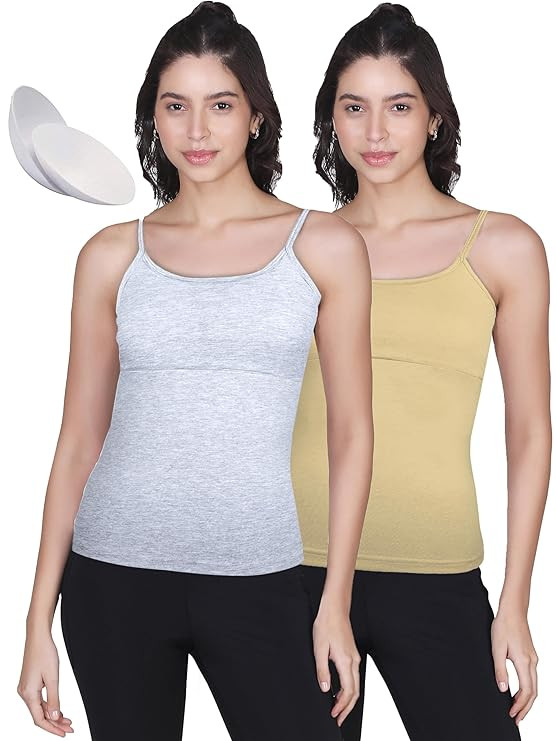 DChica Essentials Padded Camisole Bra for Women, Sleeveless Undershirts Cami Vest with Adjustable Straps, Cotton Camisole Tank Top/Innerwear for Women_Solid Pattern