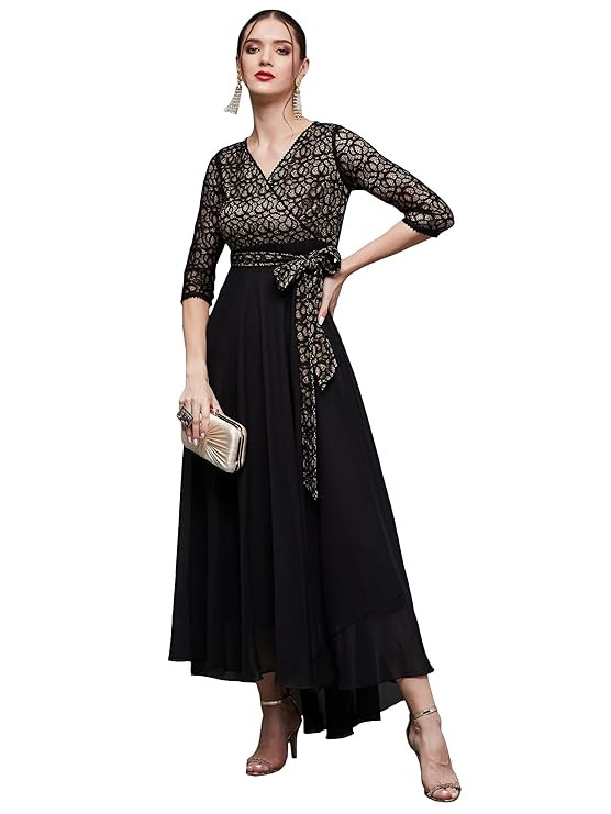 Miss Chase Women's Floral Printed Relaxed Fit V-Neck 3/4th Sleeve Maxi Dress