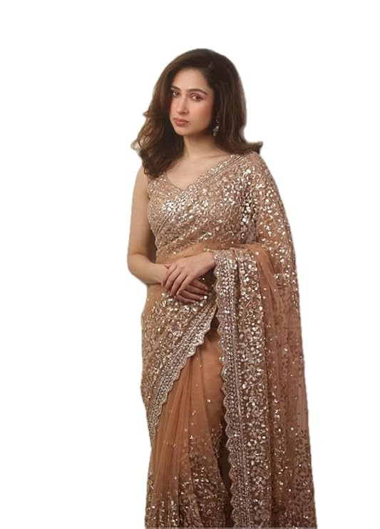 Vinayak Textile Women's Brown Beige Chiku Net Gold Sequence Saree With Blouse (Soneri New 1)