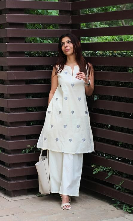 ANNI Designer Kurta Set for Women Cotton Blend Embroidered | Kurti Set for Woman | Farshi Salwar Suit Kurta Palazzo Outfit | Round Neck V Slit Sleeveless Regular Fit Ethnic Dress Stylish Clothing