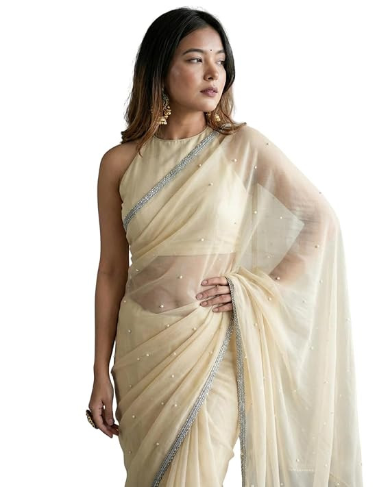 Women Sari with Net Fabric, Elegant Lace Border and Pearl Work, Designer Saree for Wedding, Festive & Special Occasions