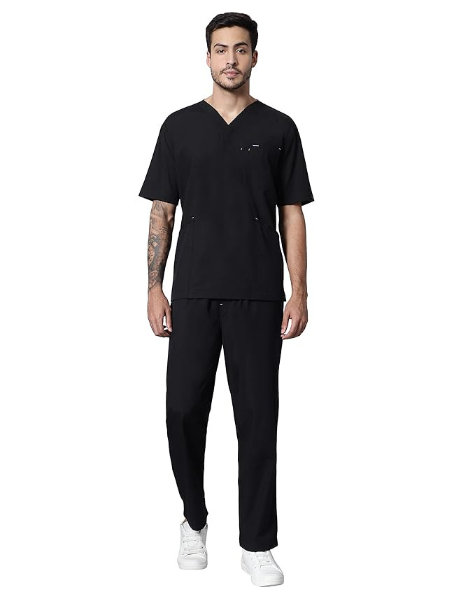 Men's Excellent Eazy 7 Pocket Scrub Suit for Doctors,Nurse & Health Professional, Color-Jet Black