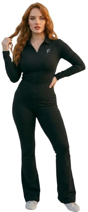 FASHA Women Polo T-Shirt with Flare Pant Co-Ord Set | Women Track Suit| Polo Collar Top with High Waist Bell Bottom Pants | Casual Lounge Wear Co Ord Set for Women |Travel Outfit/Stylish Tracksuit Set