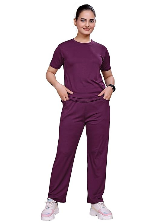 Women's Printed Polyester NightSuit Set, Lightweight Stretchable Night Suit and Gym Outfit with Side Pockets