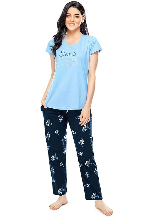 ZEYO Women's Cotton Floral Printed Relaxed Night Suit Set of Top & Pyjama 5310 (Available in Plus Size)
