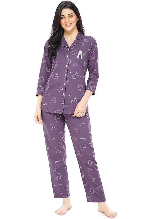 ZEYO Women's Cotton Heart Printed Night Suit Set of Shirt & Pajama Set 5274 (Available in Plus Size)