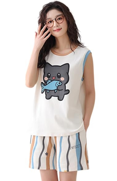 GLASGO Women’s Cotton Blend Sleeveless Night Suit Set | Cute Printed Top & Shorts | Soft Summer Home Wear | Comfortable Lounge Wear for Girls