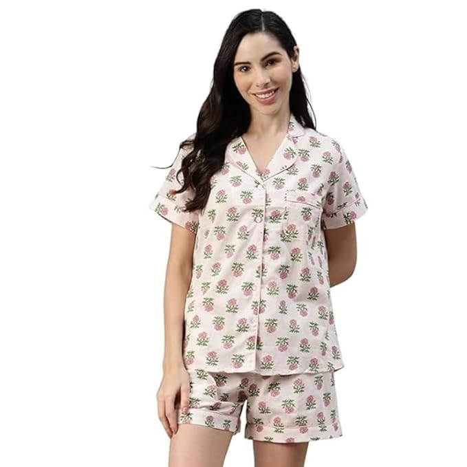 100% Cotton Floral Night Suit for Women, Soft Breathable Shirt & Shorts Sleepwear Set, Lightweight Lounge Wear for Daily Comfort, Relaxed Fit Pajama Co-Ord Set for Summer & Home Wear