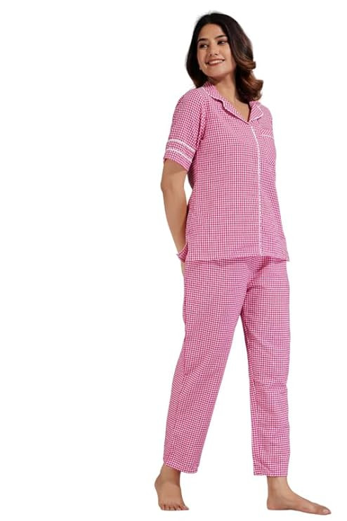 AMEERAH Checkered Pure Cotton Night Suit for Women | Comfortable & Stylish Half Sleeve Co-ord Set | Soft & Cozy Night Top & Pyjama Set
