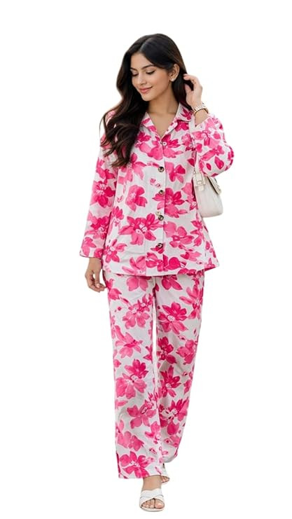 Women’s Cotton Printed Night Suit Set | Floral Leaf Print Shirt & Pyjama Set | Comfortable Loungewear Co-Ord Set