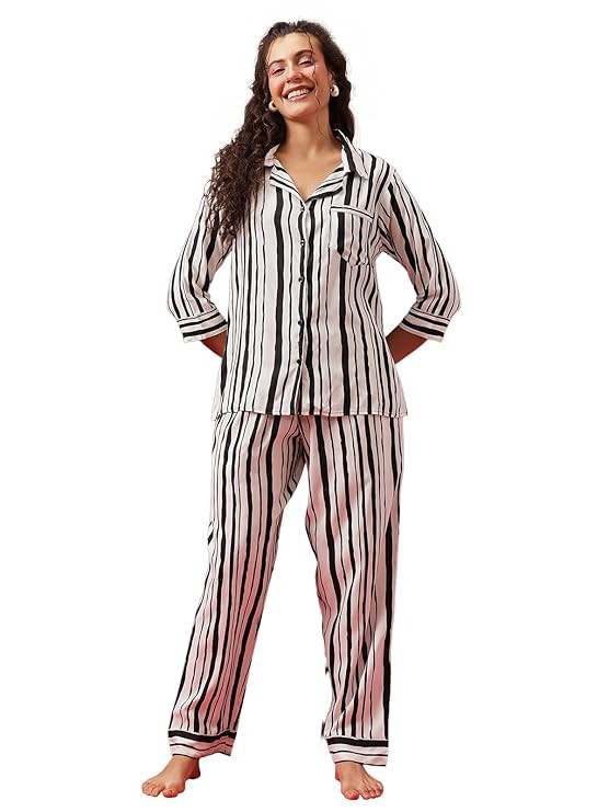Clovia Women's Cotton Sassy Stripes Button Me Up Shirt & Pajama Set