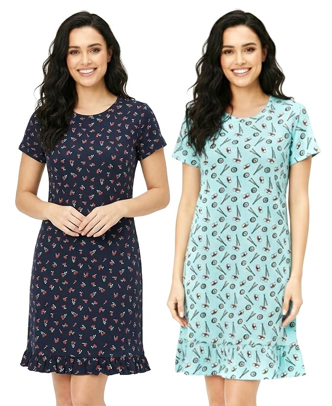 ARIEL Women's Cotton Knee Length Regular Fit Nighty | Night Dress | Long Tees (Pack of 2)