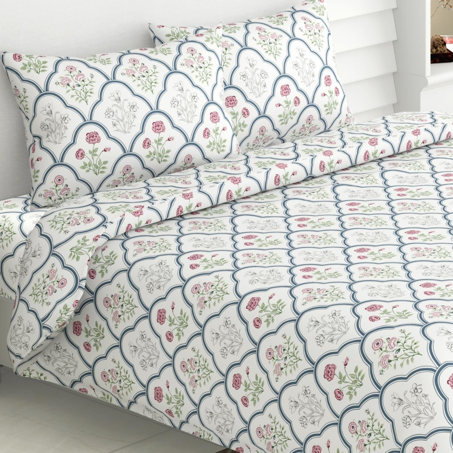 haus & kinder King Size Bedsheet with 2 Pillow Covers, 186 TC Cotton Bedsheet for Double Bed King Size 108X108 Inches Flat Bed Sheet | Classic Trellis, Whitehaus & kinder King Size Bedsheet with 2 Pillow Covers, 186 TC Cotton Bedsheet for Double Bed King 