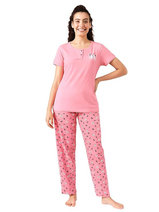 Clovia Women's Cotton Printed Top & Pajama Set