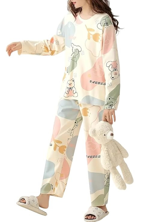Louis Luxe Womens Korean Night Dress || Full Pyjama Set || Korean Nightsuit || Women Nightwear ||Round Neck Full Sleeve Nightsuit || Loungewear || Everyday Nightdress (ND-02)