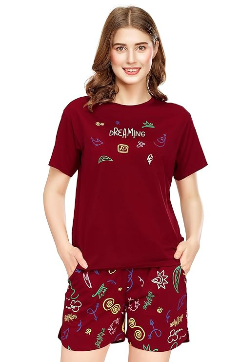 ZEYO Night Suit for Women's Printed Cotton Night Dress of Top and Short's Set 5739