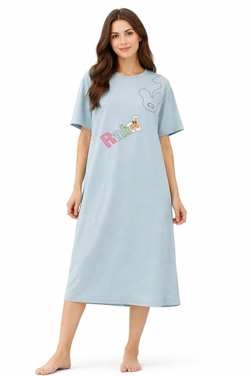 Women's Cotton Night Dress with Chest Quote Print | Half Sleeve Round Neck Knee Length Nighty | Soft Breathable Fabric Comfortable Sleepwear for Ladies Loungewear Sky Blue