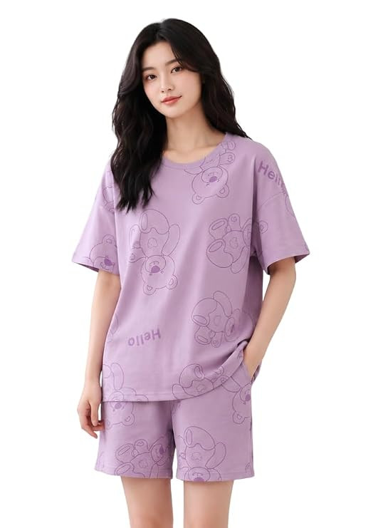 Celary Korean Women’s Pyjama Set|Cotton Blend Cute Printed Half Sleeve T-Shirt & Shorts Pyjama Set for Women|Soft Summer Night Dress & Sleepwear