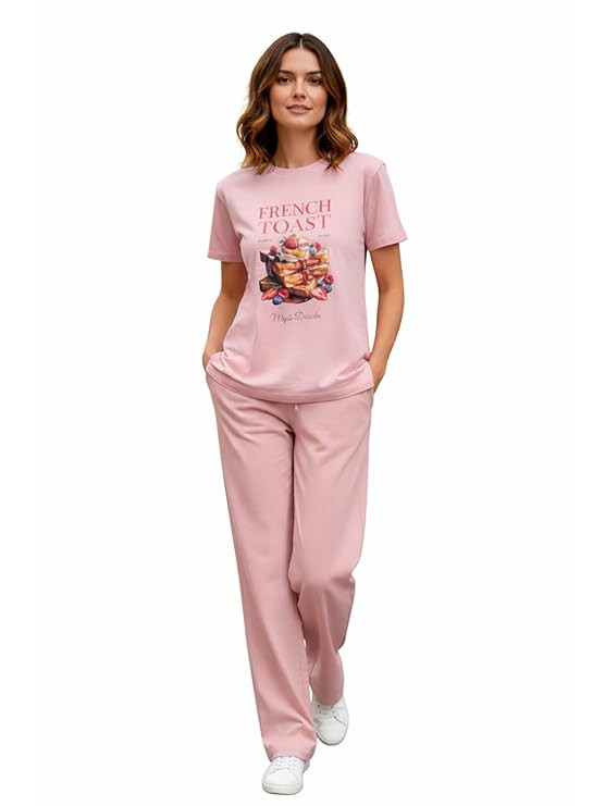 Co-Ord Set for Women | Cotton Night Suit | Relaxed Fit | Printed T-Shirt & Wide Leg Pant with Pockets | Short Sleeve Round Neck | Stylish Loungewear & Travel/Holiday wear