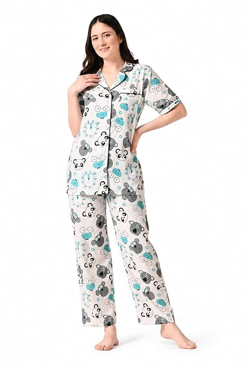AO Services Women's Cotton Night Suit Set | Half Sleeve Shirt & Pyjama | Cute Cartoon Printed Nightwear Set for Women | Summer Sleepwear & Loungewear