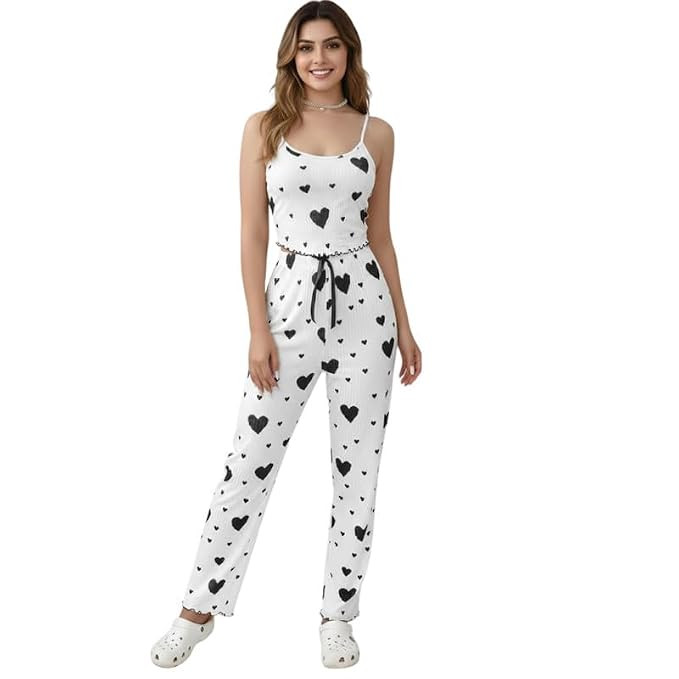 Women’s Cotton Stretchable Nightwear Set | White Heart Print Sleeveless Top & Shorts Pajama Set | Soft Lounge Wear for Women & Girls