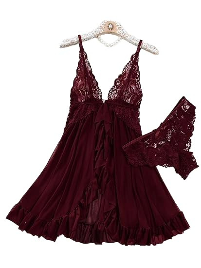 N SHAP LINGERIE'S Lingerie for Women, Front Closure Lace Babydoll Chemise, V Neck Mesh Dress with Thong