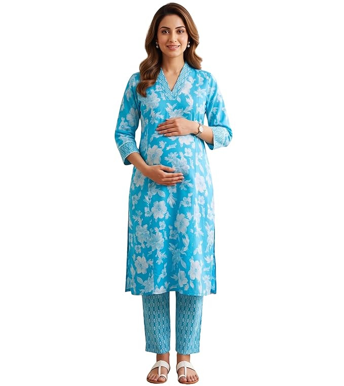DUMMY SHAPE Feeding Kurtis for Women Cotton Blend | Floral Kurta Pant Dupatta Set with Nursing Zippers to Pre & Post Partum | Maternity Dresses | Mom to Be Gifts for Pregnant Woman